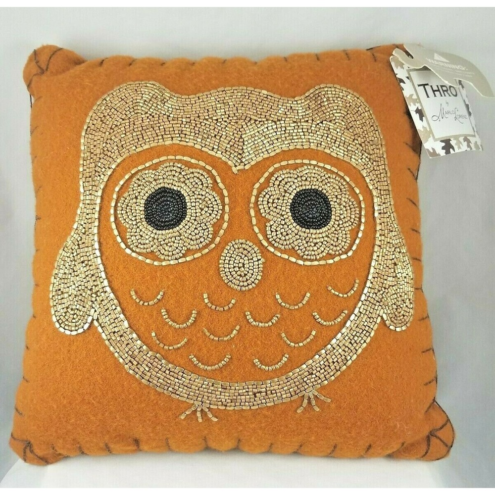 Thro Marlo Lorentz Odetta Owl Decorative Beaded Owl Wool Felt 12x12 Pillow NWT‎